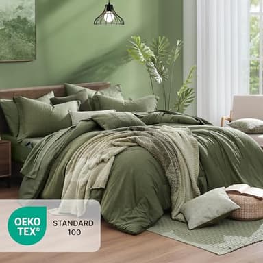 Monbix King Size Comforter Set, Olive Green King Bed Set Reversible, King Size Comforter Set 7 Pieces, Cationic Dyeing Bed in a Bag with Comforter, Sheets, Pillowcases & Shams - Image 5