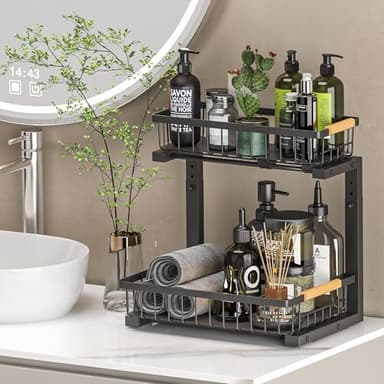 Liuoud Under Sink Organizer Storage 2 Pack, 2 Tier Slide Out Height Adjustable Pull Out Cabinet Organizer Drawer for Kitchen Bathroom Large Under Sink Shelf Rack Caddy for Pantry, Black - Image 9