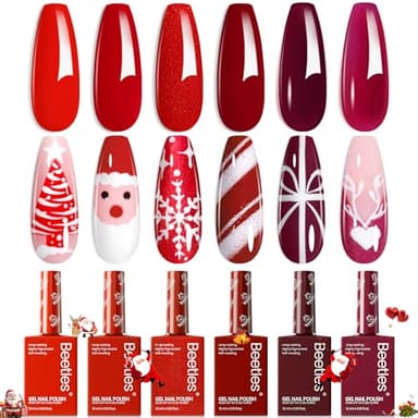 Beetles Red Gel Nail Polish Set-15ML 6 Colors Shimmer Bloody Red Burgundy Gel Polish Kit Soak Off UV Full Size Winter Nail Art Salon Design DIY Chirstmas Gift for Women Colorful Bottle - Image 8