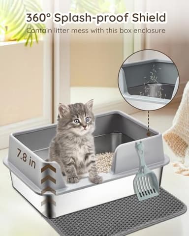 Papettly Stainless Steel Litter Box - Cat Metal Litter Box with Splash-Proof Lid, Easy Cleaning & Odor-Less with Double Layer Litter Mat, Litter Scoop, Brush, 20” x14” - Image 2