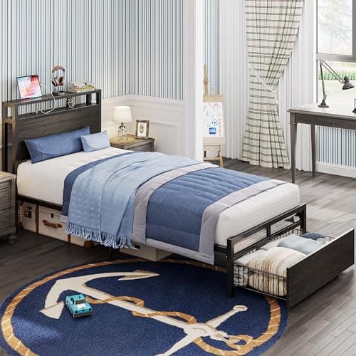 LIKIMIO Twin XL Bed Frames with Drawer, Storage Headboard with Outlets, No Box Spring Needed, Easy Assembly, Gray Black - Image 1