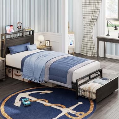 LIKIMIO Twin XL Bed Frames with Drawer, Storage Headboard with Outlets, No Box Spring Needed, Easy Assembly, Gray Black - Image 1