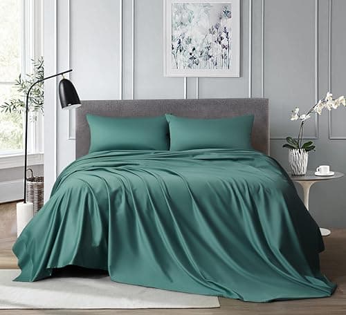 Arianaut Queen Sheet Set Green 100% Egyptian Cotton Satin Sheets 1000 Thread Count Luxury Hotel Quality Deep Pocket Queen Sheets Soft Silky Cooling Queen Size Bed Set 4PC Green - Image 1