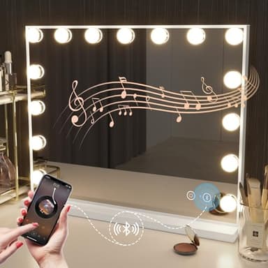Hansong Vanity Mirror with Lights and Speaker22.8''x18.4'' Hollywood Makeup Mirror with 15 LED Bulbs Lighted Vanity Nakeup Mirror 3 Lighting Modes 10X Magnification White - Image 1