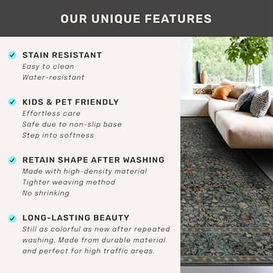 Washable Dark Green Rug for Living Room - 9x12 Large Area Rug for Dining Room Under Table, Bedroom, Soft Low Pile Non-Slip Stain Resistant Carpet - Vintage Floral Design (9x12 Dark Green) - Image 7