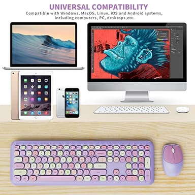 Wireless Keyboard and Mouse Combo, Colorful Ergonomic Full Size Retro Low-Noise Keyboard with Cute keycaps, Compatible with Windows, PC, Perfer for Home and Office Keyboards (Purple) - Image 7