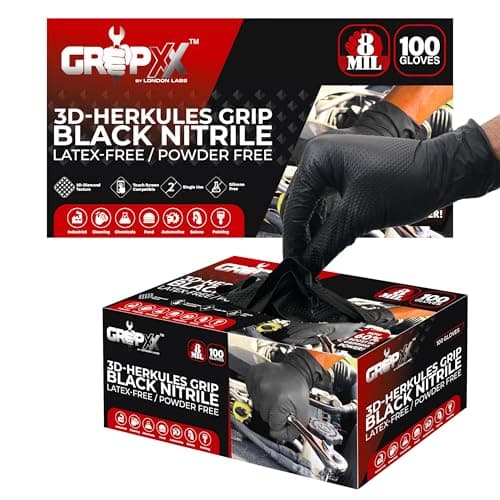 GRIPXX Herkules Grip Heavy Duty 8Mil Black Nitrile Gloves,3D Raised Diamond Texture-Latex & Powder-Free Industrial, Mechanic (200, Large) - Image 1