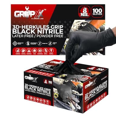 GRIPXX Herkules Grip Heavy Duty 8Mil Black Nitrile Gloves,3D Raised Diamond Texture-Latex & Powder-Free Industrial, Mechanic (200, Large) - Image 1
