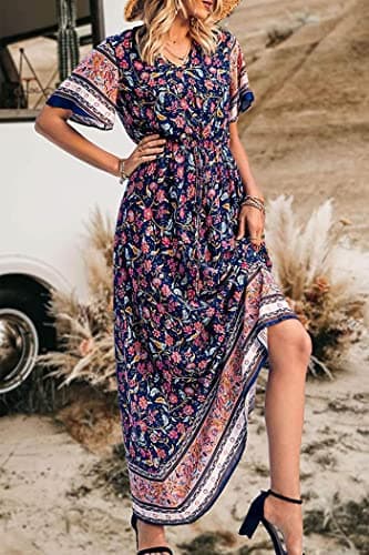 PRETTYGARDEN Women's Casual Summer Boho Floral Print Dress V Neck Short Sleeve High Waist Long Maxi Beach Dresses (Navy,X-Large) - Image 5