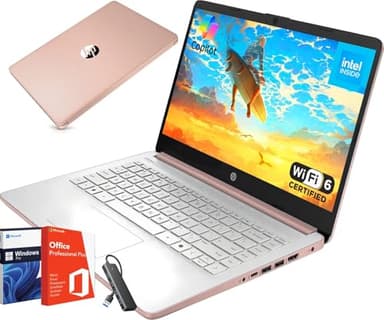 HP 2025 New Student Business Laptop, Intel N150 CPU(Beats N4120), 14 Inch LED, 16 GB RAM, 384 GB Storage(128GB UFS+256GB MSD), Wi-Fi 6, Copilot AI, Office Pro Lifetime, Windows 11 Pro, Pale Rose Gold - Image 1