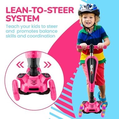 Hurtle 3 Wheeled Scooter for Kids - 2-in-1 Sit/Stand Child Toddlers Toy Kick Scooters w/ Flip-out Seat, Adjustable Height, Wide Deck, Flashing Wheel Lights, For Boys/Girls 1 Year Old+ (Pink) - Image 7