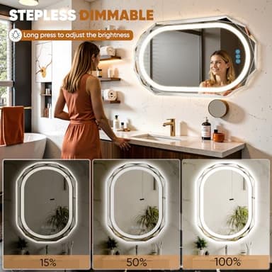 Homsion 24"X36" Oval LED Bathroom Mirror with Lights, Frameless Vanity LED Mirror for Bathroom with Beveled Edge, Backlit Anti-Fog, Dimmable, 3 Colors, Memory Function, Tempered Glass, Shatter-Proof - Image 5