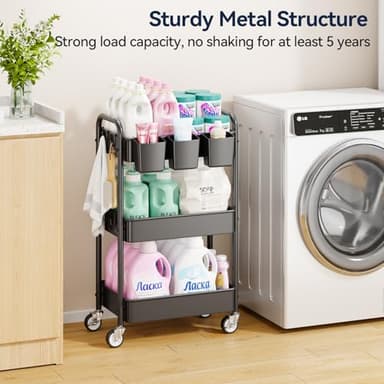 YASONIC 3 Tier Rolling Cart - Metal Utility Cart with Wheels, Hanging Cups, Hooks, Heavy Duty Mesh Rolling Storage Cart Organizer, Craft Cart for Kitchen Office, Lightweight and Sturdy - Image 5