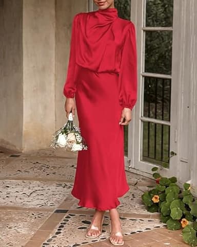 BTFBM Womens Mock Neck Satin Dress Summer Fall 2025 Long Sleeve High Waist Formal Wedding Party Maxi Cocktail Dresses(Red, X-Large) - Image 4