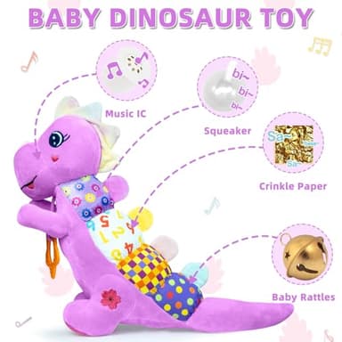 Baby Dino Musical Stuffed Animal Toys for 0-3-6-9-12 Months，Infant Dinosaur Tummy Time Toys with Crinkle Sound Paper，Teether，Textures & Rattles for Newborn Boys Girls Birthday Gifts，Purple - Image 3