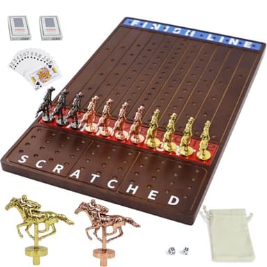 Jyquorp Metal Horse Race Board Game Racing Game Thickened Solid Wood with 11 Luxurious Durable Classic Metal Horses with 2 Dice and 2 Boxes of Cards Horse Racing Game (Walnut,Rectangle) - Image 1
