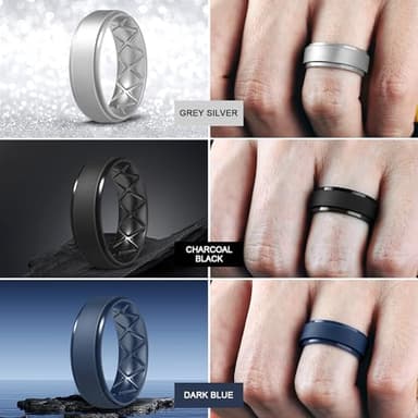 Egnaro Inner Arc Ergonomic Breathable Design, Silicone Rings Mens with Half Sizes, 7 Rings / 6 Rings / 5 Rings / 4 Rings / 1 Ring Rubber Wedding Bands, 8.5mm Wide-2mm Thick, 15-15.5(26.75mm) - Image 3