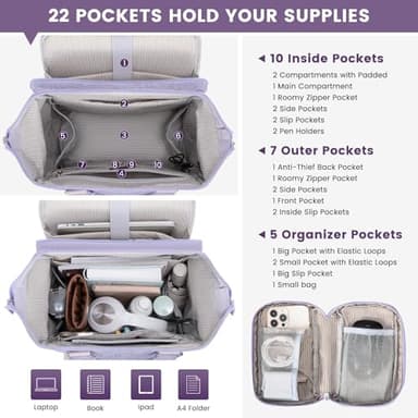 LOVEVOOK Laptop Backpack, Travel Bag with 17.3 inch Laptop Compartment, Water Resistant Teacher Nurse Doctor Work Bag, Anti-theft Daypack, Purple - Image 3