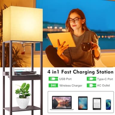 RUNTOP Floor Lamp with Shelves, Modern Standing Lamp with Wireless Charger, 1 Drawer and 2 USB Ports & 2 Power Outlet, 15W LED Bulb 3 Colors, Memory Function, Shelf Lamp for Living Room and Bedroom - Image 2