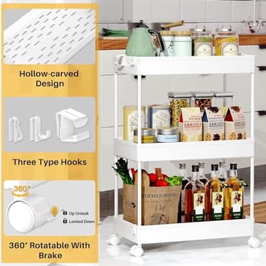 SPACEKEEPER Storage Rolling Cart, 3 Tier Laundry Room Organization Utility Cart Bathroom Organizer Mobile Shelving Unit Shelves Multi-Functional Trolley, White - Image 2