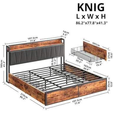 LIKIMIO King Bed Frame with 4 Storage Drawers, Platform Bed with Charged Headboard, Sturdy and Stable, No Noise, No Box Spring Needed, Easy to Install, Vintage Brown and Gray - Image 2