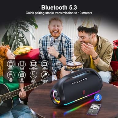 HWWR Portable Bluetooth Speaker with 2 Wireless Microphones, IPX5 Waterproof Speakers with Deep Bass & LED Lights, Loud Stereo Portable Speaker for Outdoor Indoor Home Parties Hiking Camping - Image 3