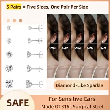 5 Pairs Small Stud Earrings for Women Diamond-Like Shine Cubic Zirconia Earrings for Sensitive Ears Hypoallergenic Surgical Stainless Steel Tiny Stack Earrings for Multiple Piercing - Image 2