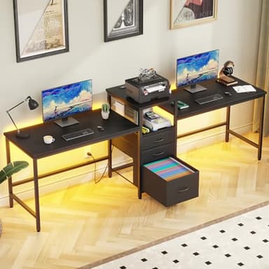 GYIIYUO 93'' Two Person Desk with Charging Station, Long Desk with 3 Drawers and Printer Shelf, Double Computer Desk, Fabric Drawers, 2 Person Writing Study Table Workstation for Home Office, Black - Image 1