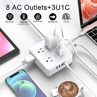 Surge Protector Power Strip - 6 Ft Flat Plug Extension Cord with 8 Widely Outlets and 4 USB Ports(1 USB C), 3 Side Outlet Extender for Home Office, White, ETL Listed - Image 2