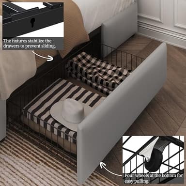 Yaheetech Queen Bed Frame with Adjustable Diamond Button-Tufted Headboard/3 Drawers Storage, Queen Platform Bed/Strong Wooden Slats, Light Gray - Image 5