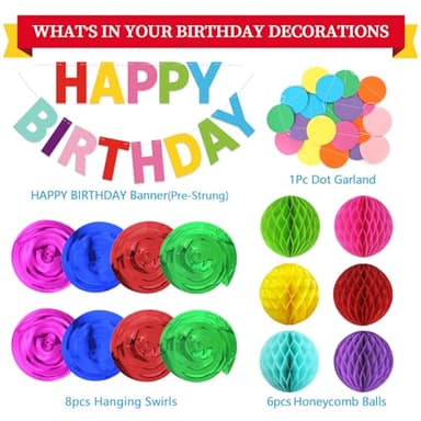 LITAUS Colorful Birthday Decorations Kit - 16-Piece Set with Pre-Strung Happy Birthday Banner, Honeycomb Balls, Garland & Swirls | Rainbow Theme Party Supplies for Women Men Kids, Teens Adults - Image 6