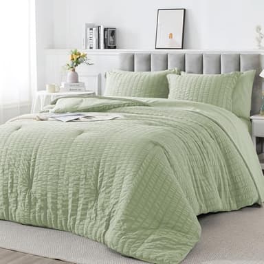 HYLEORY Queen Size Seersucker Comforter Set - 5 Pieces Reversible Comforters Bedding Sets, All Season Bed in a Bag with Comforter, Sheets, Pillowcases & Shams Sage Green - Image 1
