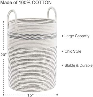 YOUDENOVA Woven Rope Laundry Hamper Basket, 58L Tall Luandry Basket, Baby Nursery Hamper for Blanket Storage, Clothes Hamper for Laundry in Bedroom-Large-Stripe White - Image 5
