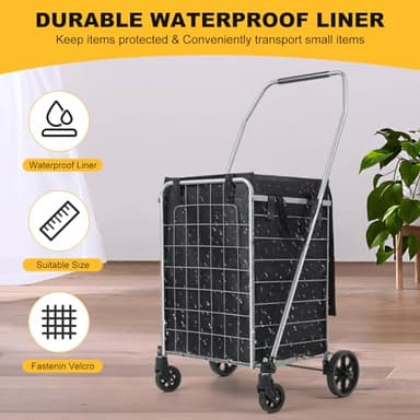 Shopping Cart with 360° Rolling Swivel Wheels, Portable Utility Cart for Grocery, Folding Shopping Cart with Waterproof Basket Liner, Collapsible Cart 120lbs, Sliver - Image 4