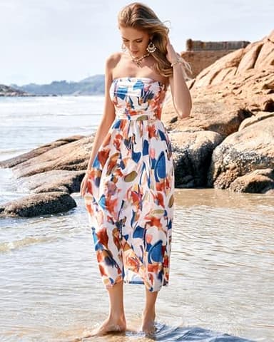 GRACE KARIN Women Strapless Casual Loose Ruched Long Maxi Dress with Pockets Blue Brown - Image 3