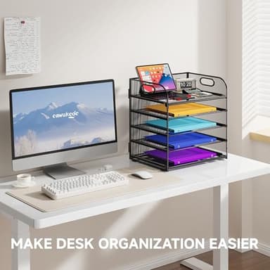 Cawukege 5 Tier Paper Organizer with Handle, Metal Mesh Desk Organizer File Folder Paper Letter Tray Desktop Document Sorter for Classroom, School, Office Accessories Organization and Storage - Black - Image 2