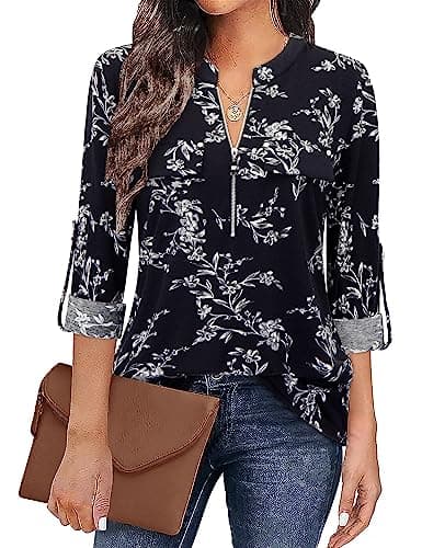 Bulotus Womens Tops and Blouses Dressy Casual, Women 3/4 Length Sleeve Tops Loose Fit Tunic Shirt to Wear with Leggings Spring Blouse Fashion 2025 Work Shirts, Flower, XL - Image 1