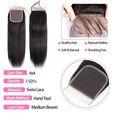 10A Straight Bundles with Closure 10 12 14 with 10 Inch 100% Unprocessed Brazilian Virgin Human Hair Weave 3 Bundles with 4x4 HD Lace Closure - Image 4