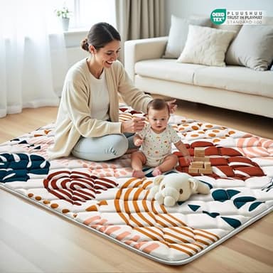 PLUUSHUU Baby Play Mats for Floor, 71x59 Playpen Mat for Babies, Extra Thicker & Soft Floor Crawling Mat, Foldable Non-Slip Playmat Cushioned for Infants Toddlers, Boho Leaf Design - Image 2