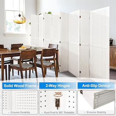 Grungis 8 Panel Room Divider with Pegboard Display 5.6FT Wood PegBoard Room Dividers, Folding Privacy Screens Portable Freestanding Partition Wall Divider for Art Shows & Room Separation, White - Image 6