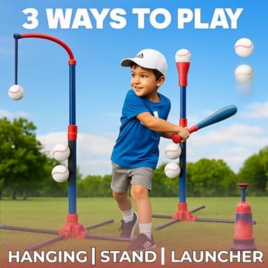 3-in-1 Baseball Set for Kids and Toddlers Ages 3-5 – Includes Tee Ball Stand, Hanging Tee, Automatic Ball Launcher, and 6 Softballs – Adjustable Height for Indoor/Outdoor Play – Sports Gift for Boys - Image 2