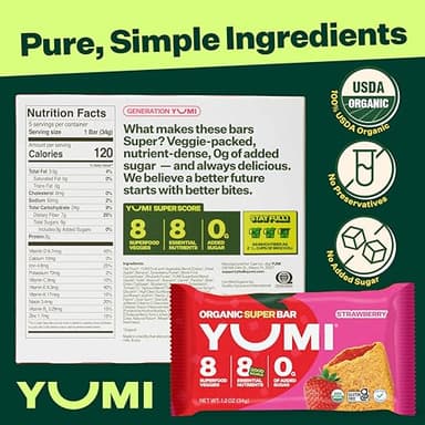 YUMI Organic Breakfast Superbar, Gluten-Free, No Added Sugar, 7+ Vegetables, Soft-Baked Crust, Healthy Snack Bars for Kids, School Safe, Healthy Alternative to Granola Bars or Cereal Bars, Strawberry (30ct) - Image 2