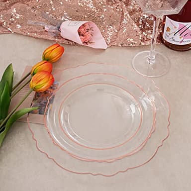 Liacere 150PCS Rose Gold Plastic Plates - Clear Rose Gold Disposable Plates with Glitter Bamboo Handle Cutlery - 60 Baroque Elegant Plates, 30 Forks, 30 Spoons, 30 Knives for Thanksging day&Chrismas - Image 4