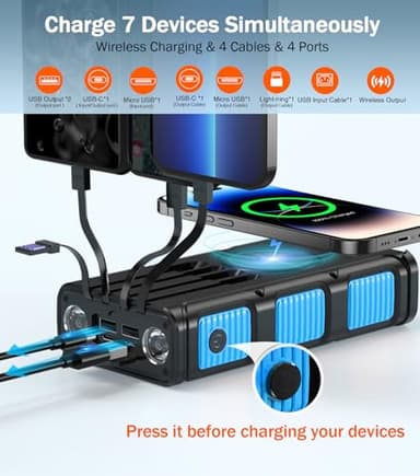 GOODaaa Power Bank Wireless Charger 45800mAh Built in Hand Crank and 4 Cables 15W Fast Charging Power Bank 7 Outputs & 4 Inputs Solar Portable Charger, SOS/Strobe/Strong Flashlights, Compass - Image 2