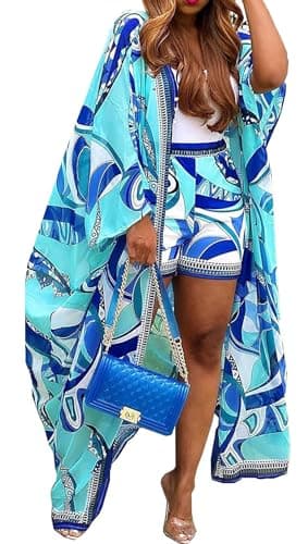 QegarTop Brunch Outfits for Vacation Two Piece Kimono Shorts Outfits Flowy Beach Coverups Blue M - Image 1