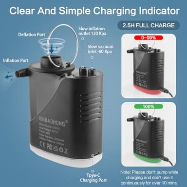 XINBAOHONG Mini Air Portable Camping Light Tiny Inflator/Deflator Pump with 2000mAh Battery USB Rechargeable for Pool Floats Air Bed Air Mattress Swimming Ring Vacuum Storage Bags - Image 7
