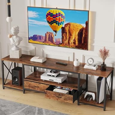 GYIIYUO TV Stand with Fabric Drawers for 65 70 75 Inches TV - Entertainment Center and Industrial TV Console Table with Open Storage Shelves for Living Room, Bedroom - 63" Rustic Brown - Image 1