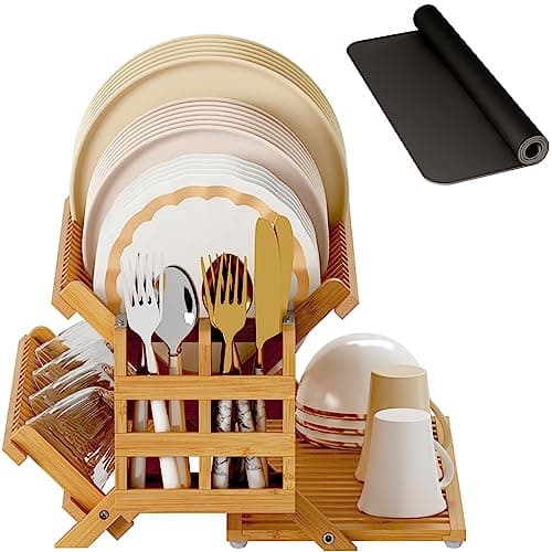 Greenual Bamboo Dish Drying Rack with Utensil Holder, 3 Tier Collapsible Dish Rack, Wooden Dish Racks for Kitchen Counter, Large Folding Drying Holder with Absorbent Dish Drying Mat - Image 1