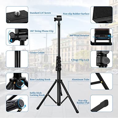 Nineigh Phone Tripod, 70" Selfie Stick Tripod Stand Cell Phone Tripods with Remote Phone Holder Carry Bag, Aluminum Alloy Selfie Stick Tripods, Compatible with iPhone Samsung GoPro Smartphone - Image 8