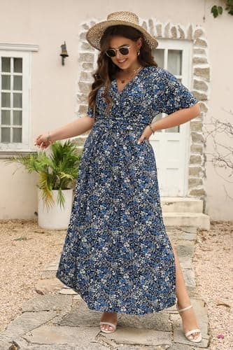 Keluummi Plus Size Wedding Guest Maxi Dresses for Curvy Women, Summer Formal Floral V Neck 3/4 Sleeve A Line Long Party Dress(20 Plus, 10 - Black Floral) - Image 6